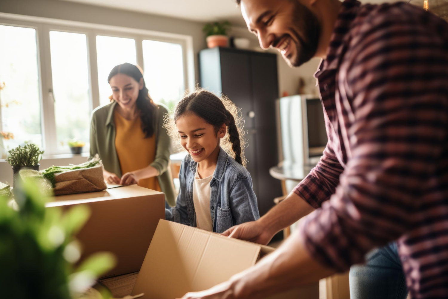 Famille heureuse déménageant avec des cartons dans le cadre d'un déménagement pour garde alternée