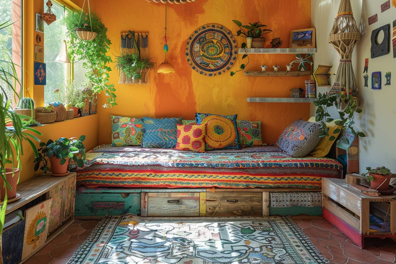 Chambre d'enfant éco-innovante décorée avec charme utilisant des matériaux recyclés